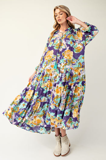 Easel Floral Print Rayon Gauze Maxi Dress in Midnight Blue