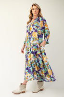 Easel Floral Print Rayon Gauze Maxi Dress in Midnight Blue