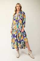 Easel Floral Print Rayon Gauze Maxi Dress in Midnight Blue