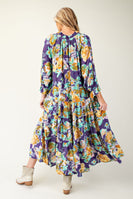 Easel Floral Print Rayon Gauze Maxi Dress in Midnight Blue