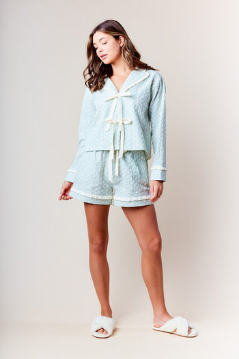 RARERAW Textured Floral Pajama Set with Ribbon Accents in Pastel Blue June Adel RARERAW Textured Floral Pajama Set with Ribbon Accents in Pastel Blue June Adel