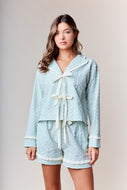 RARERAW Textured Floral Pajama Set with Ribbon Accents in Pastel Blue