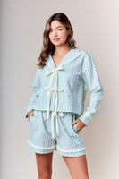 RARERAW Textured Floral Pajama Set with Ribbon Accents in Pastel Blue
