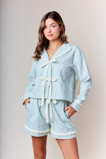 RARERAW Textured Floral Pajama Set with Ribbon Accents in Pastel Blue