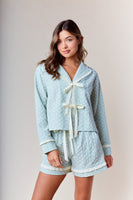 RARERAW Textured Floral Pajama Set with Ribbon Accents in Pastel Blue