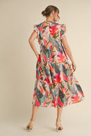Jodifl Tropical Floral Print Tiered Midi Dress in Taupe Mix