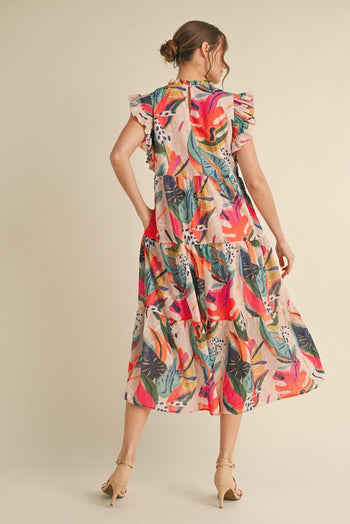 Jodifl Tropical Floral Print Tiered Midi Dress in Taupe Mix