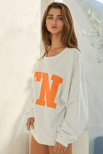 BucketList Oversized French Terry "TN" Print Top in Ash Grey
