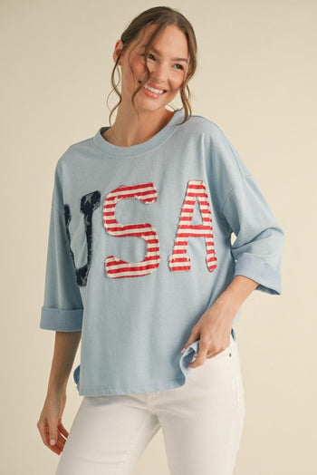 Jodifl OVERSIZED Mixed Print USA Patched Top in Blue