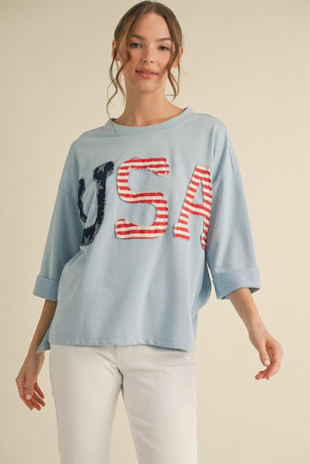 Jodifl OVERSIZED Mixed Print USA Patched Top in Blue