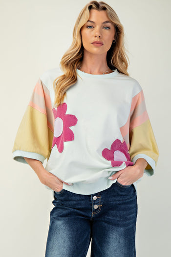 Easel Terry Knit Color Block Top with Flower Patches in Powder Mint