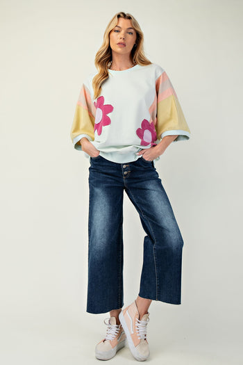 Easel Terry Knit Color Block Top with Flower Patches in Powder Mint