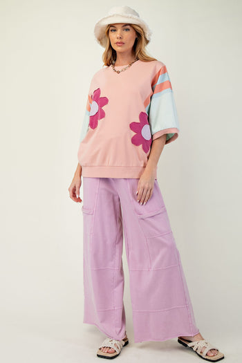 Easel Terry Knit Color Block Top with Flower Patches in Rose Coral