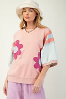 Easel Terry Knit Color Block Top with Flower Patches in Rose Coral
