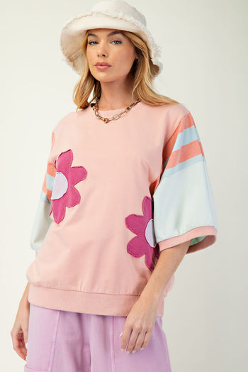 Easel Terry Knit Color Block Top with Flower Patches in Rose Coral