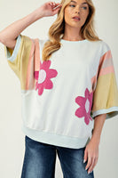 Easel Terry Knit Color Block Top with Flower Patches in Powder Mint