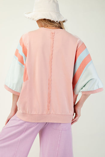 Easel Terry Knit Color Block Top with Flower Patches in Rose Coral