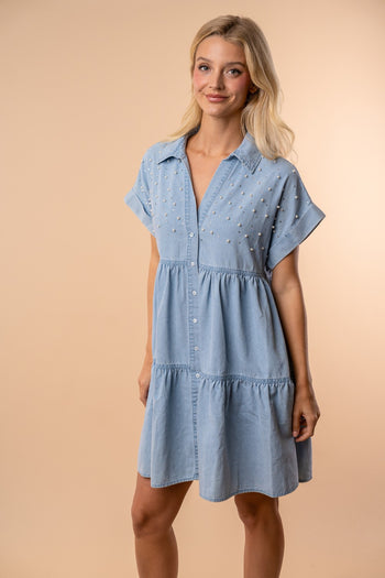 White Birch Pearl and Rhinestone Embellished Denim Mini Dress in Light Denim