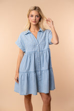 Load image into Gallery viewer, White Birch Pearl and Rhinestone Embellished Denim Mini Dress in Light Denim
