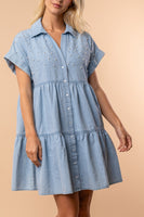 White Birch Pearl and Rhinestone Embellished Denim Mini Dress in Light Denim