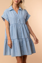 Load image into Gallery viewer, White Birch Pearl and Rhinestone Embellished Denim Mini Dress in Light Denim
