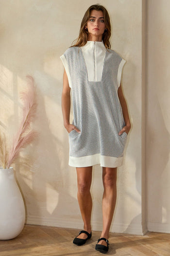 BucketList Textured Striped with Contrasting Details Mini Dress in Black