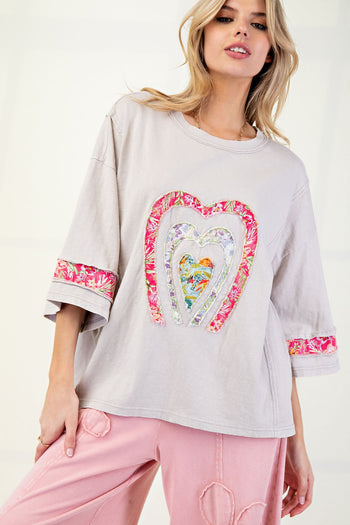 Easel Mixed Print Patched Front Cotton Knit Top in Mushroom