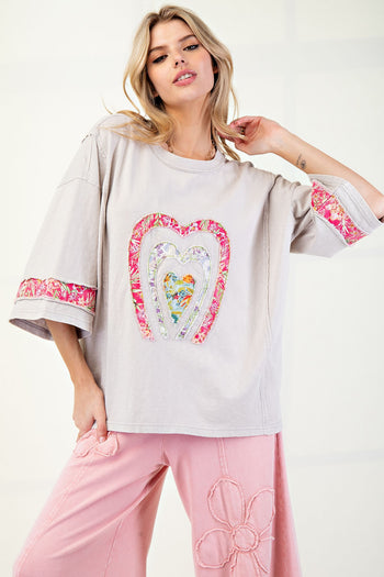 Easel Mixed Print Patched Front Cotton Knit Top in Mushroom