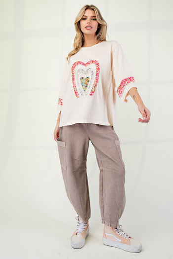 Easel Mixed Print Patched Front Cotton Knit Top in Ivory