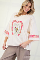 Easel Mixed Print Patched Front Cotton Knit Top in Ivory