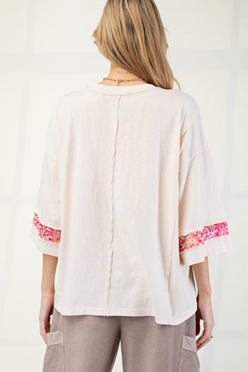 Easel Mixed Print Patched Front Cotton Knit Top in Ivory