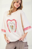 Easel Mixed Print Patched Front Cotton Knit Top in Ivory