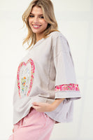 Easel Mixed Print Patched Front Cotton Knit Top in Mushroom