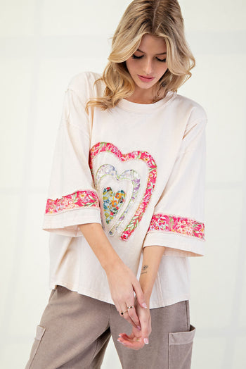 Easel Mixed Print Patched Front Cotton Knit Top in Ivory