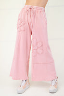 Easel Mineral Washed Terry Knit Pants with Flower Patches in Dried Rose