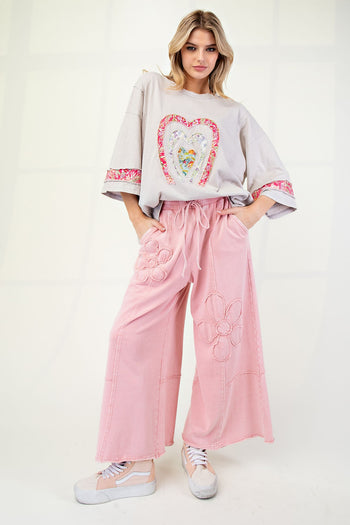 Easel Mineral Washed Terry Knit Pants with Flower Patches in Dried Rose