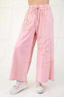 Easel Mineral Washed Terry Knit Pants with Flower Patches in Dried Rose