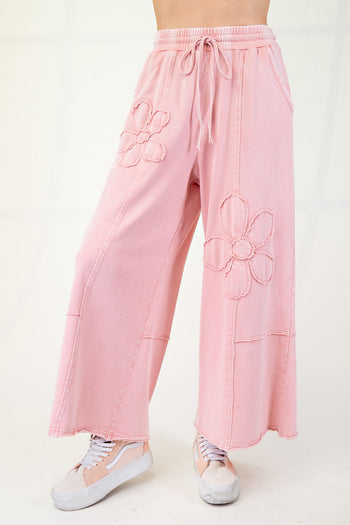 Easel Mineral Washed Terry Knit Pants with Flower Patches in Dried Rose