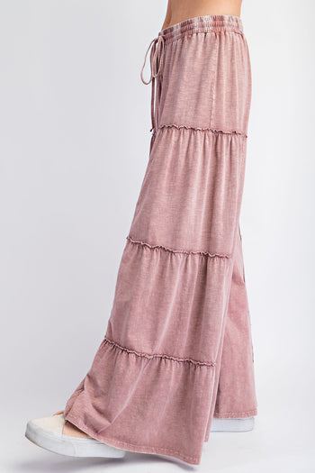Easel Mineral Washed Tiered Pants in Mauve