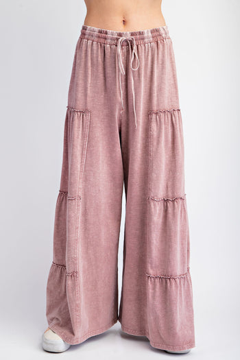 Easel Mineral Washed Tiered Pants in Mauve