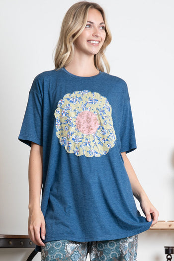 BlueVelvet OVERSIZED Mixed Print Flower Patch T-Shirt in Royal