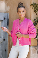 Lavender J Shorter Length Solid Color Textured Knit  Cardigan in Fuchsia