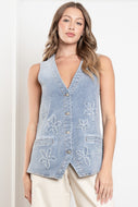 BlueVelvet Flower Patched Vest in Washed Denim