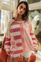BiBi Terry Knit Solid n Striped Top with Flower Patches in Pink Mix