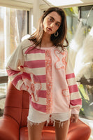 BiBi Terry Knit Solid n Striped Top with Flower Patches in Pink Mix