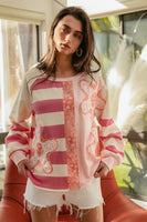 BiBi Terry Knit Solid n Striped Top with Flower Patches in Pink Mix