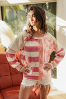BiBi Terry Knit Solid n Striped Top with Flower Patches in Pink Mix