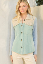 Load image into Gallery viewer, Mystree Colorblock Soft Knit Shacket in Oat/Seafoam
