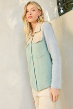 Load image into Gallery viewer, Mystree Colorblock Soft Knit Shacket in Oat/Seafoam
