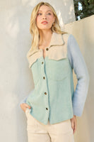 Mystree Colorblock Soft Knit Shacket in Oat/Seafoam